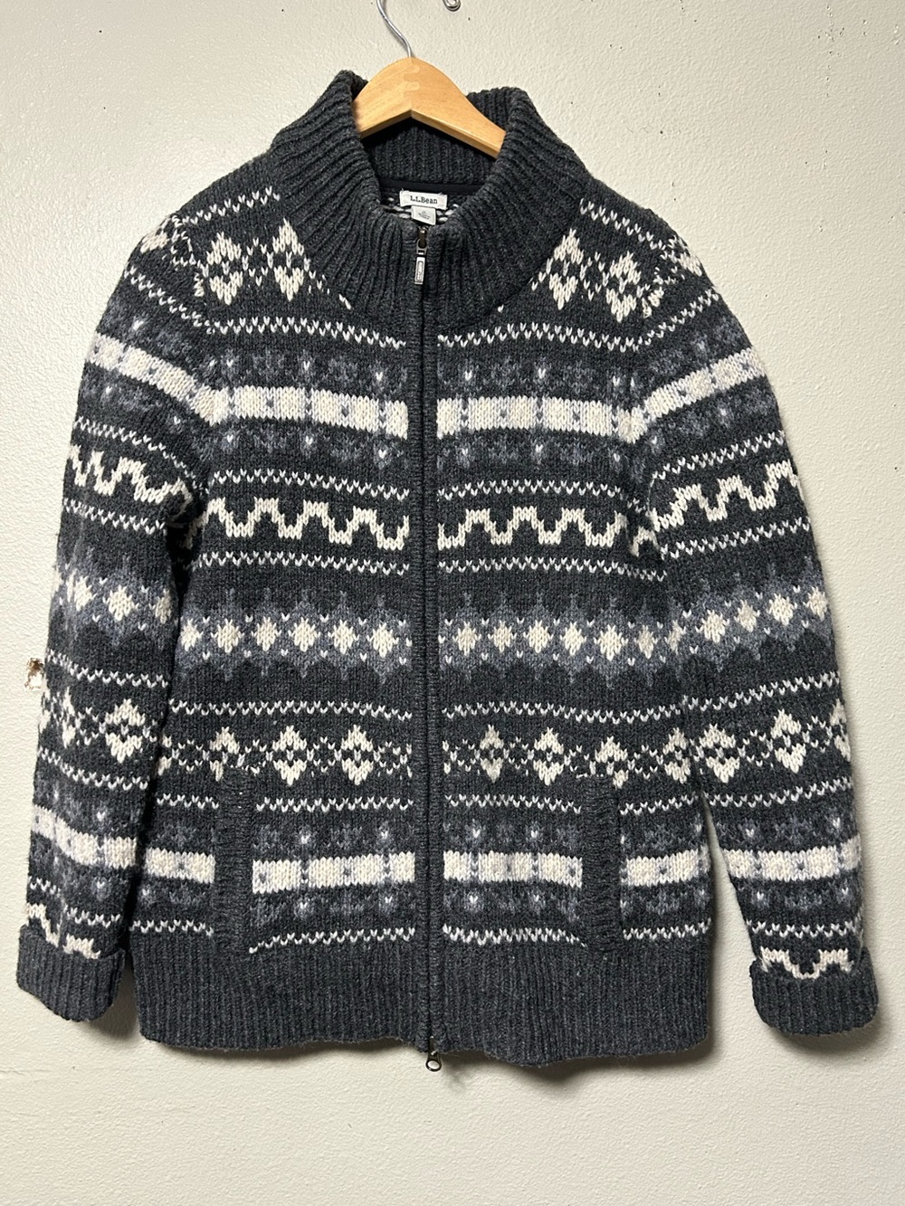 LL Bean 100% Lambswool Fair Isle Full Zip Cardigan Sweater Gray Womens Small